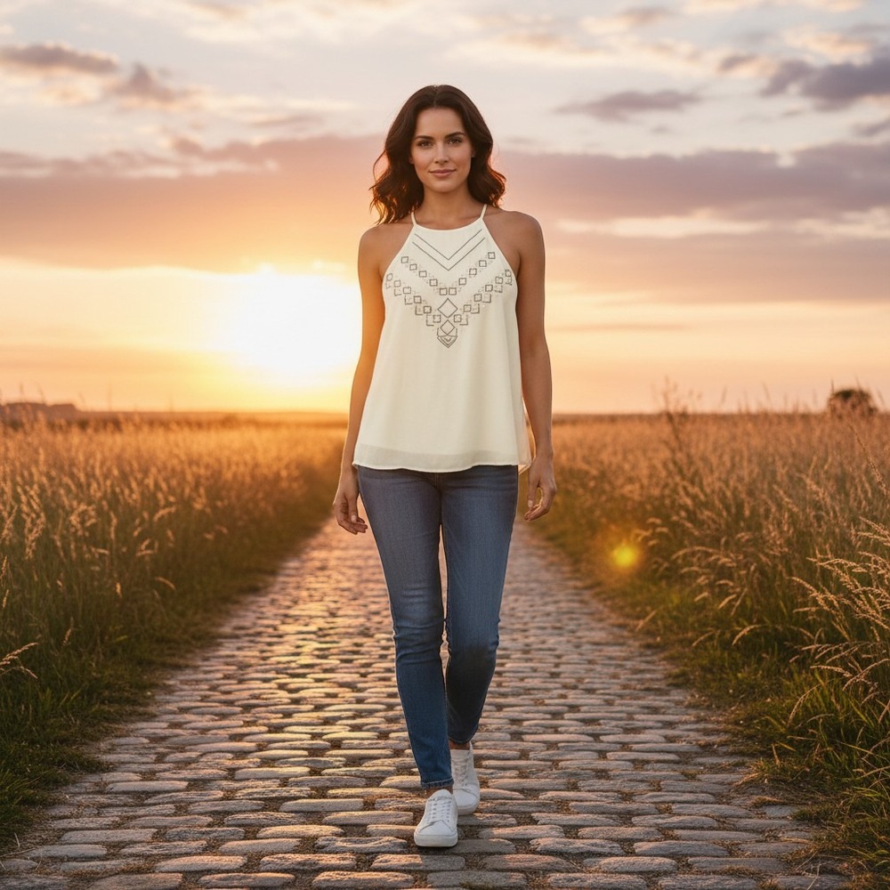 Banana Republic White Beaded Halter Top Small Geometric Embroidered Sleeveless
